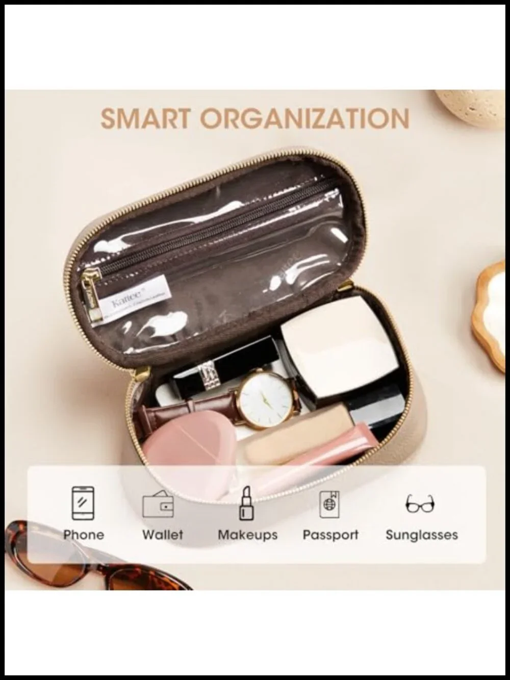 Genuine Leather Makeup Bag with Handle - Portable Travel Cosmetic Toiletry
